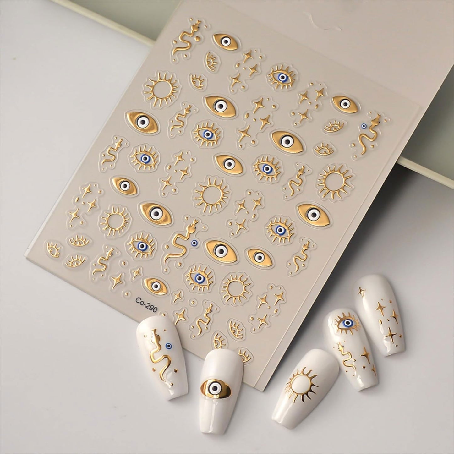 Gold Nail Stickers Evil Eye Nail Art Stickers 5D Embossed Nail Decals Gold Star Snake Design Nails Supplies for Women DIY Nail Art