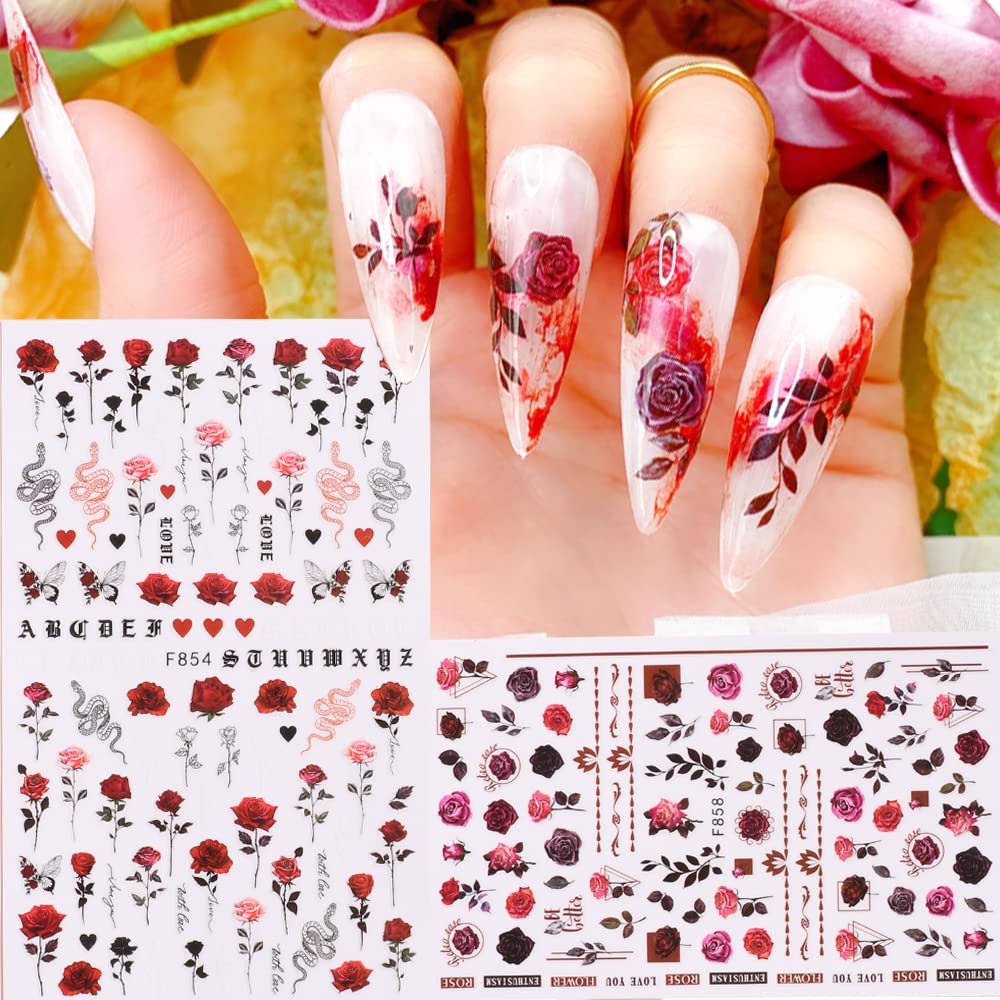 8 Sheets Flower Nail Art Stickers 3D Rose Nail Decals Self Adhesive Spring Summer Nail Charms Acrylic Nail Art Supplies Rose Floral Butterfly Nail Stickers for Women Girls DIY Nail Decorations