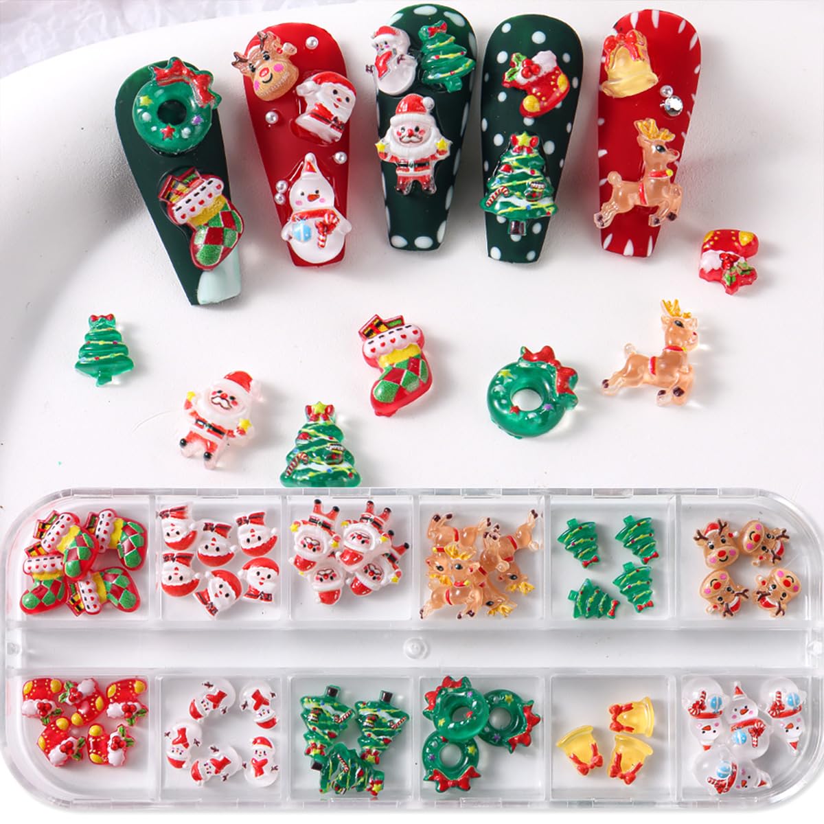 50pcs Christmas Nail Charms: 3D Mix Colorful Reindeer, Snowman, Santa Claus, Bell Nail Rhinestones for Women Xmas DIY