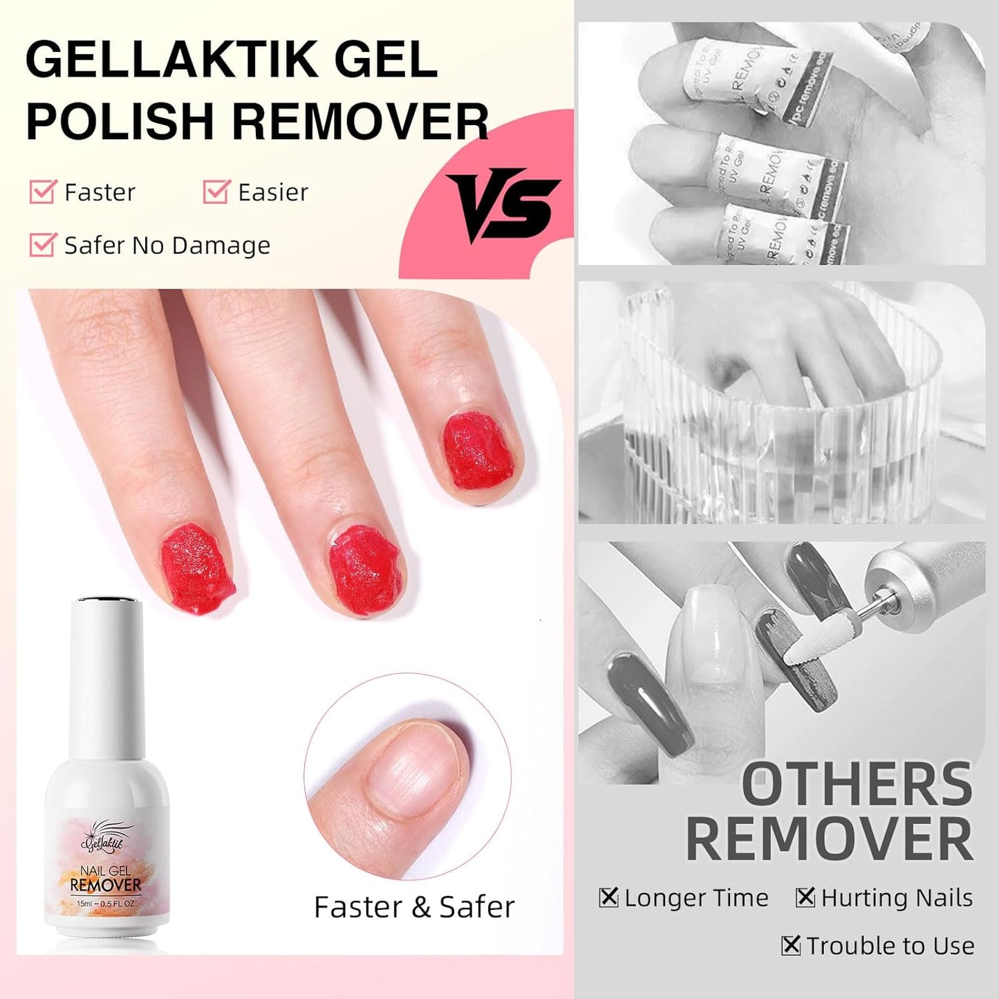 Gel Polish Remover Kit, 15ml×3 Set with Gel Polish Remover for Nails & Cuticle Oil & Liquid Latex Tape, No Soaking or Wrapping, Removes Gel Nails in 3-5 Minutes, Nail Care Set