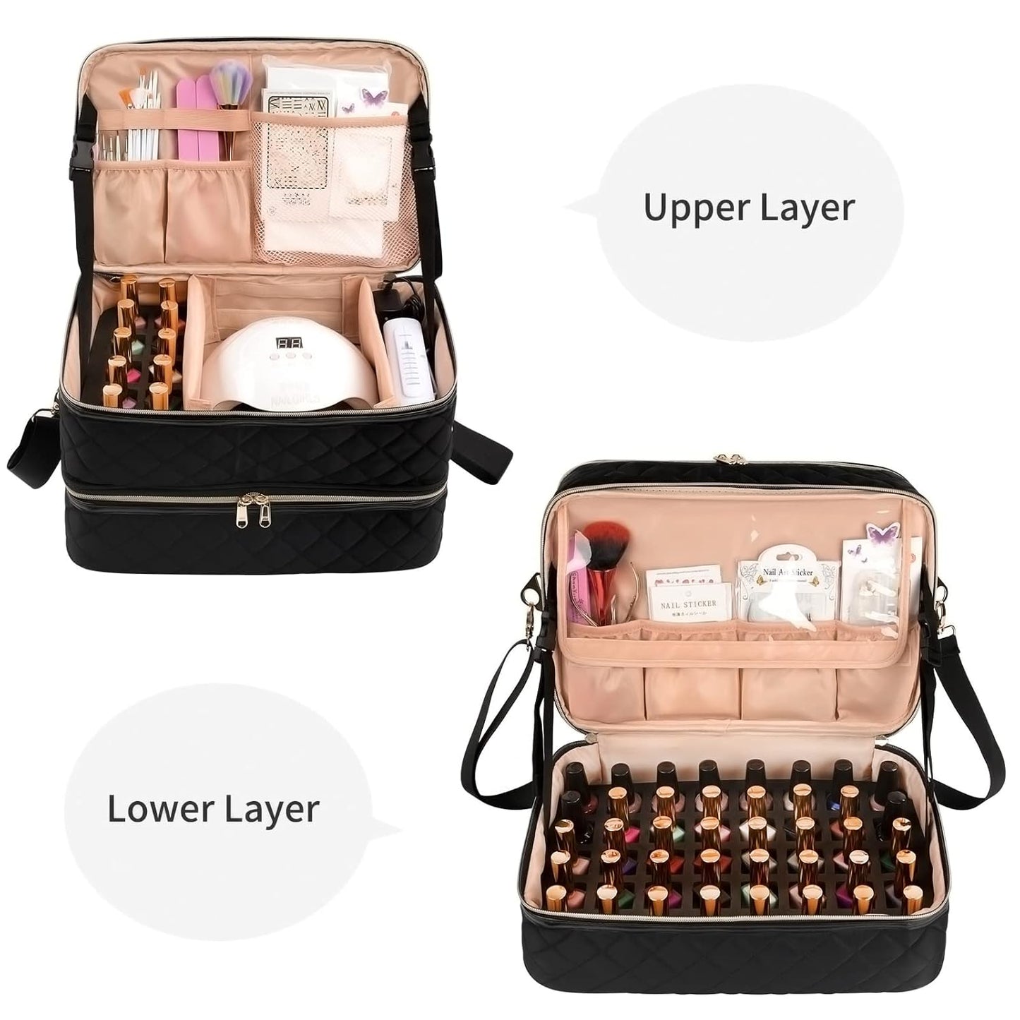 Ethereal Nail Polish Organizer Case Holds 50+ Bottles(15ml/0.5fl.oz) and Nail Lamp, Double Layer Nail Polish Storage Bag for Nail Kit, Manicure Tools, Black