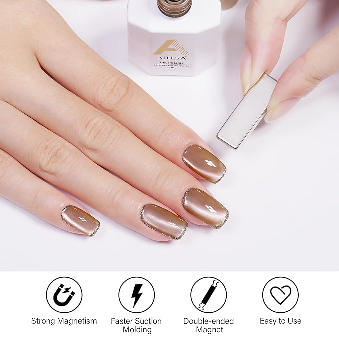 AILLSA Glass Cat Eye Gel Nail Polish, 15ml Brown Glitter Jelly Sheer Gel Polish, Translucent Magnetic Shimmer Sparkle Nail Art U V Salon 0.5 OZ GF33