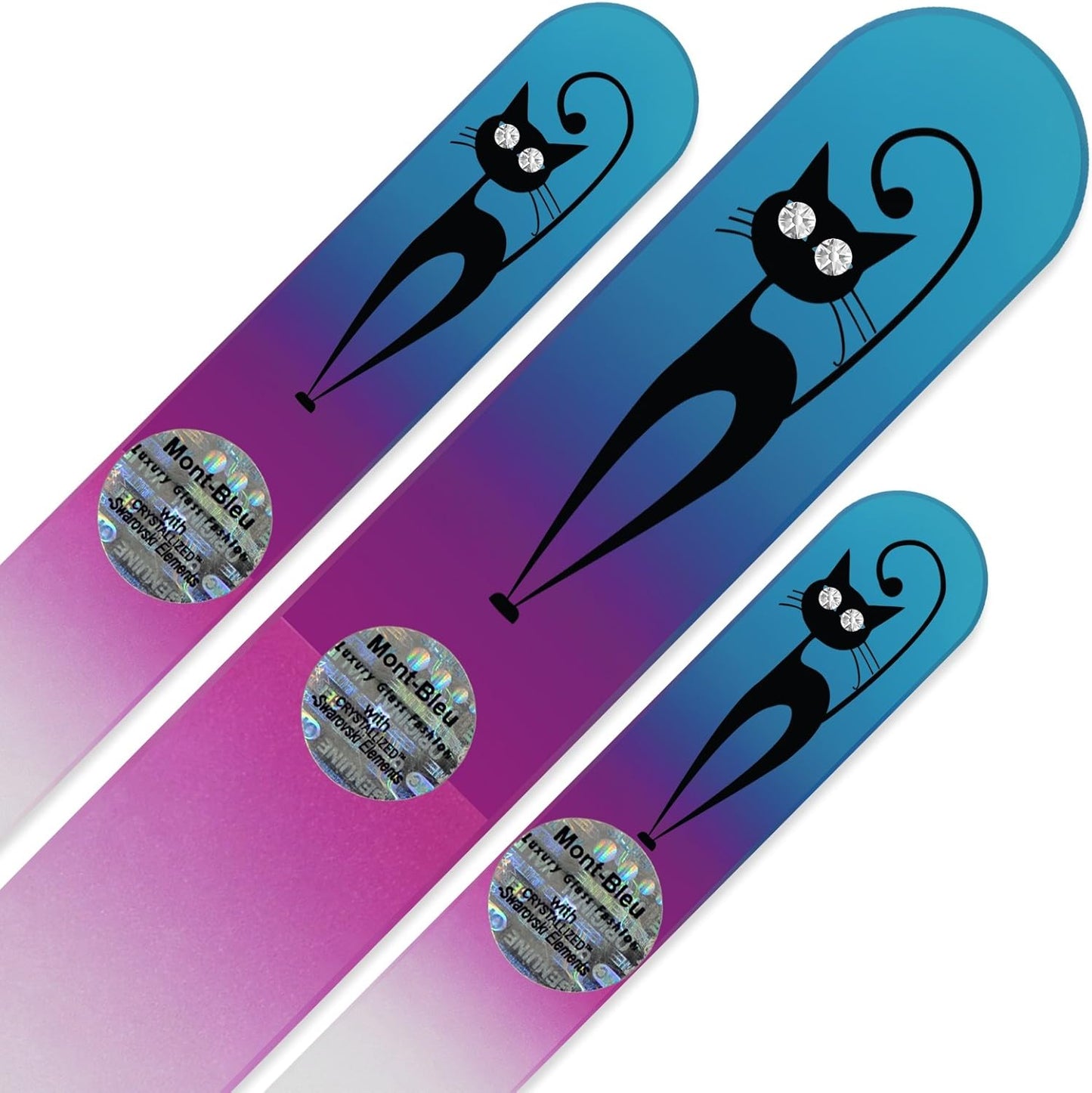 Mont Bleu Set of 3 Cats Crystal Nail Files Hand Decorated with Crystals - Hand Made, Czech Tempered Glass - Glass Nail Files for Natural Nails