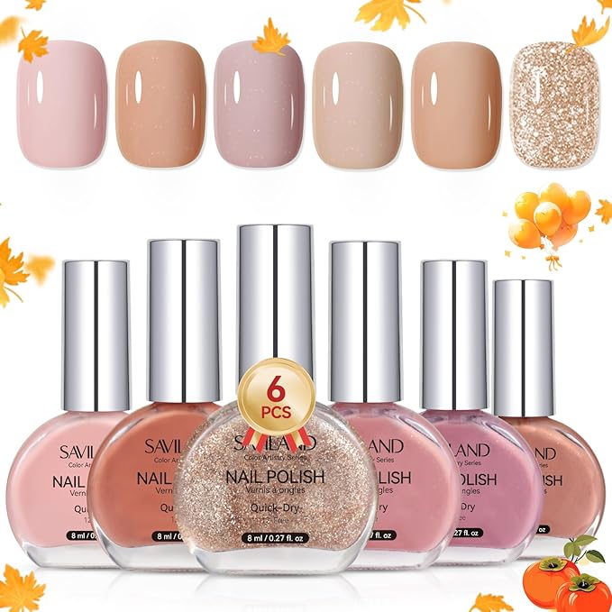 SAVILAND Color Artistry Nail Polish Set: 6Pcs Neutral Nude Pink Glitter Quick Dry Nail Polish Fall Winter Mini 12-Free Fingernail Polish Vegan Nail Toes Lacquer DIY Manicure Women Gift Home Use