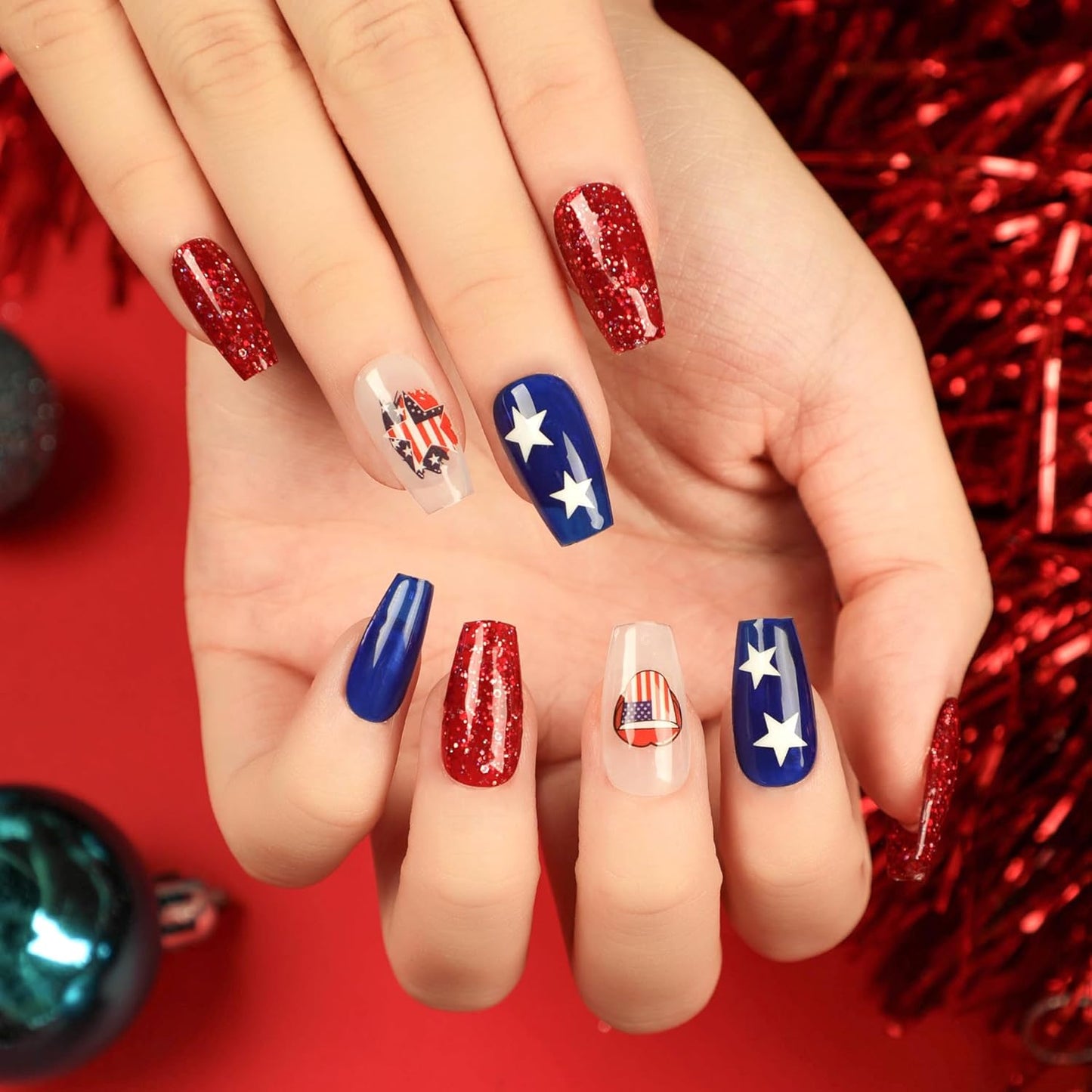 Independence Press On Nails Medium Coffin, 4th of July Fake Nails with Red, Blue, Stars, and USA Flag Accents, Glossy Gel Finish Acrylic Press Ons, Thick Reusable Glue On Nails Kit for Women, 24Pcs