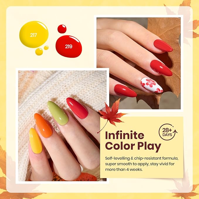 Beetles Fall Gel Nail Polish Set – 6 Colors Red Purple Orange Yellow Green Gel Polish Kit, Soak Off UV LED Gel Nail Polish for Fall Manicure Nail Art Gift for Women