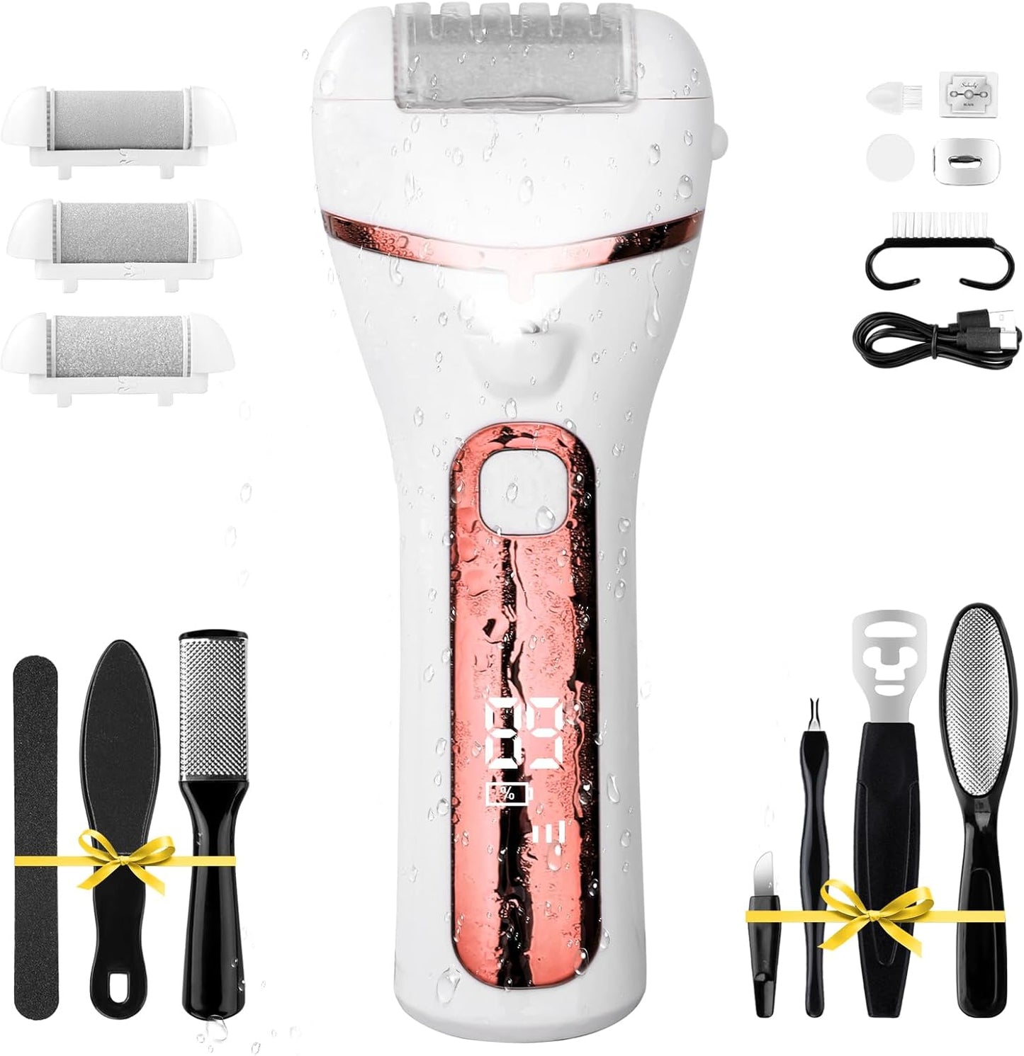 PUBOO Foot Callus Remover Electric 10000 RPM 3-Speed IPX7 Rechargeable Pedicure Kit for Hard Skin Women & Men. Portable Multi-Roller File Grinder Sander Scrubber with LED Display for Wet & Dry Feet