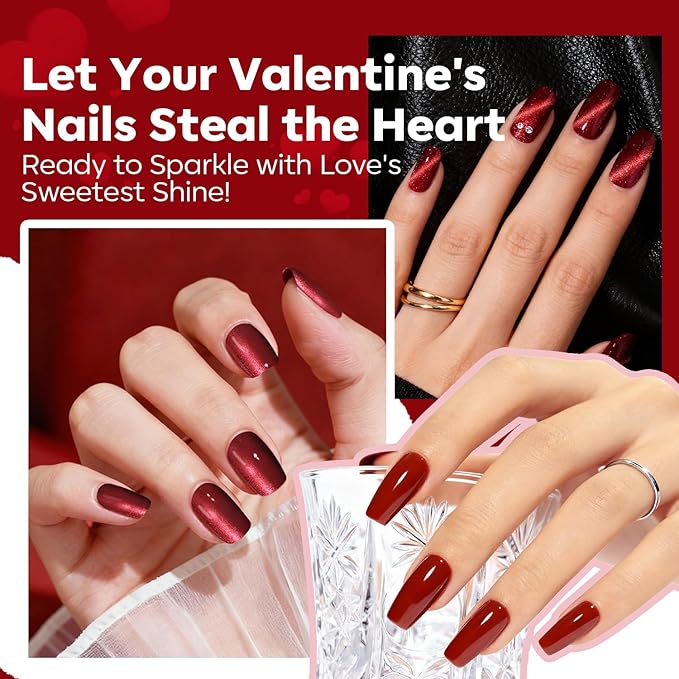 modelones Nail Polish Set, 6 Colors 2025 Classic Apple Red Cat Eye Glitter Mini Quick Dry Nail Lacquer Kit, Ruby Cherry Red Magnetic Sparkle DIY Nail Art Manicure Gift for Women Girls