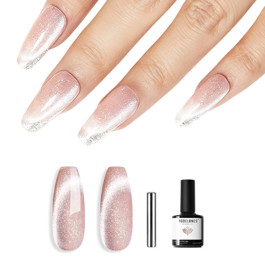 modelones Cat Eye Gel Nail Polish Shimmer Glitter Nude Pink Nail Polish with Magnet Holographic Reflective Soak Off LED Nail Art Top Coat Manicure Salon DIY Gifts 15ML
