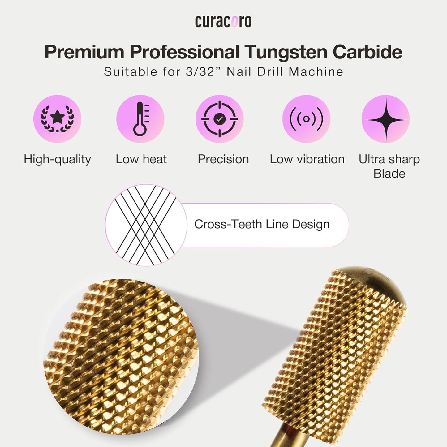 Curacoro Nail Drill Bits 3/32'' - L-Shape Smooth Stop Barrel Carbide Bit (Fine) for Professional Finish, Gently Remove, Buff & Polish Gel Nails, Nail Art Pedicure Manicure Salon & Home