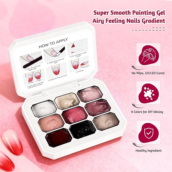 JODSONE 9 Colors Gradient Patting Gel Nail Polish Kit with U V Nail Lamp with 50 PCS Nail Sponges and Grabbing Pen
