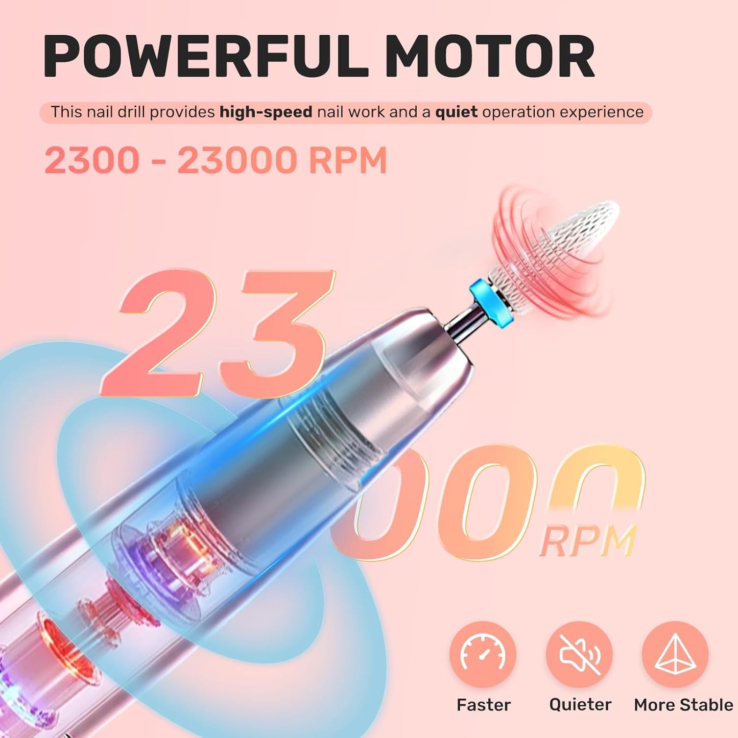 Portable Electric Nail Drill Machine Professional Kit, 0-23000 RPM Adjustable Speed, Nail Grinder Manicure Tool for Home Salon with Drill Bits Sanding Bands for Acrylic Gel Nails Pink