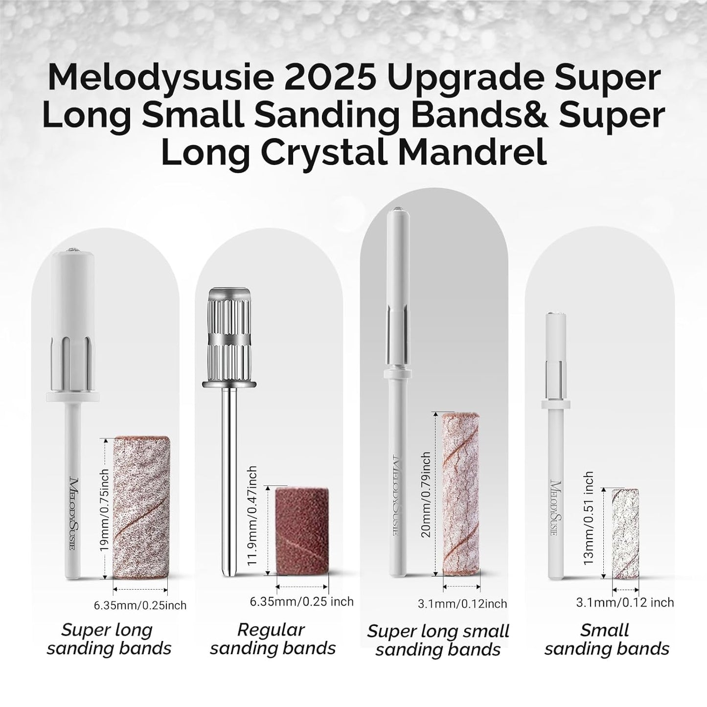 MelodySusie 50 Pcs Nail Drill Bits Super Long Small Sanding Bands with 3.1mm Crystal Mandrel Bit, 240 Extreme Fine Grit Nail File for Acrylic Nails Gel Manicures and Pedicure, Zebra