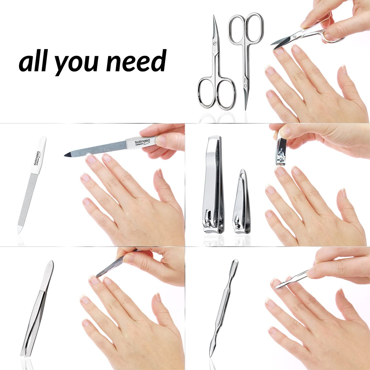 Manicure Set Solingen Made in Germany - 7 Piece Exclusive Finger & Toe Nail Clippers Kit for Women and Men in Real Leather Case, Color Mint