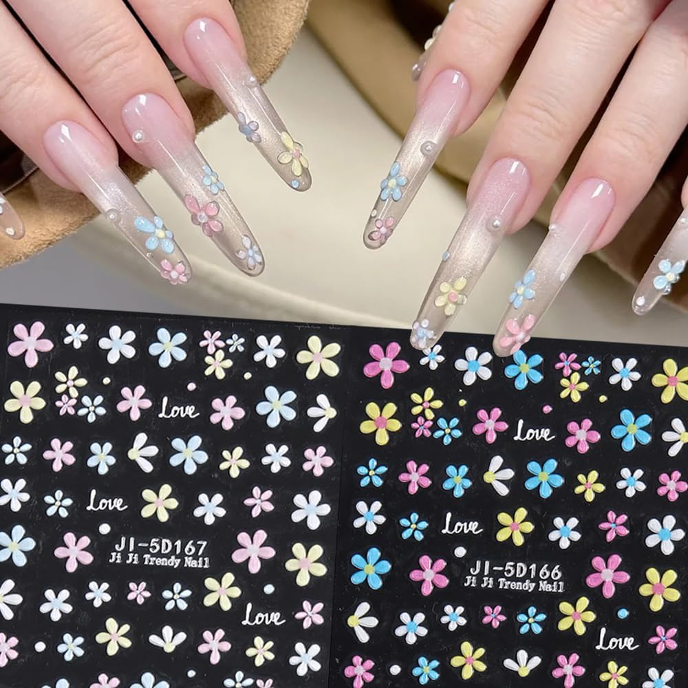 Flower Nail Art Stickers Decals 5 Sheets Pink White Colorful Summer Floral Leaf Blossom 5D Embossed Nail Decals Self-Adhesive Nails Supply Manicure Sliders for Women Girls DIY Nail Art Decorations