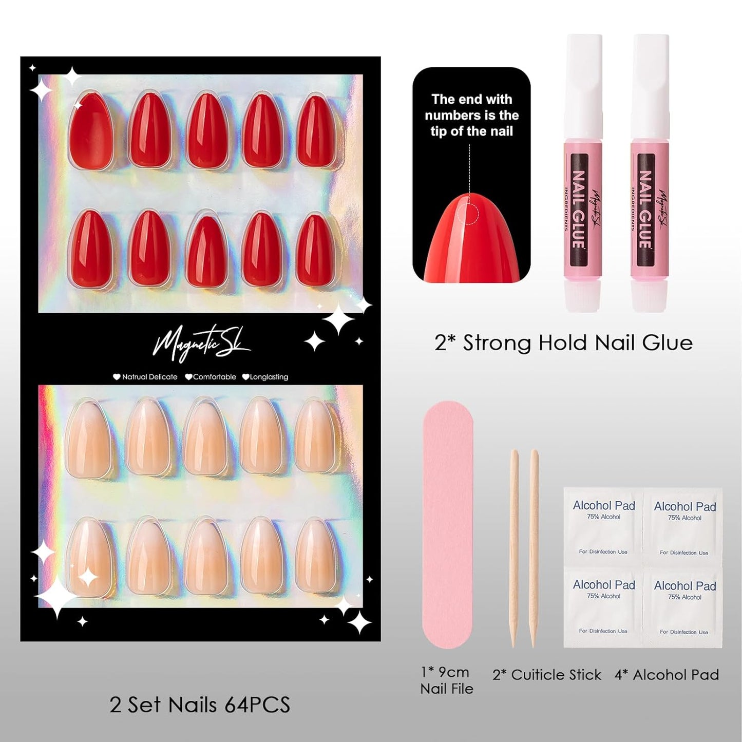 64PCS Bright Red & Vanilla Cream Press On Nails - Short Almond Fake Nails, with 2 Nail Glues, 2 Cuticle Sticks, 4 Prep Pads, 1 Nail File - Glossy Nails Kit for Daily Use