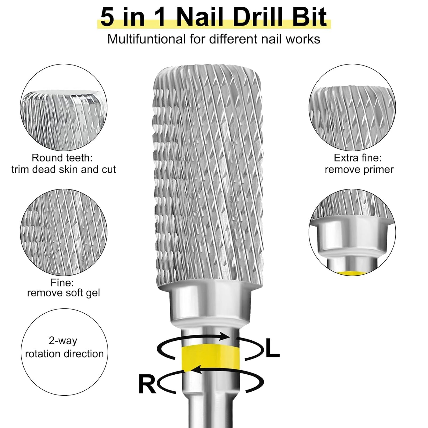 Tungsten Carbide Acrylic Nail Drill Bit Flat Top Cylinder Efile Electric File Machine Head Tip for Manicure Polishing Art Remove Gel Polygel 3/32" 2 Way Professional Tech (Extra Fine Grit)