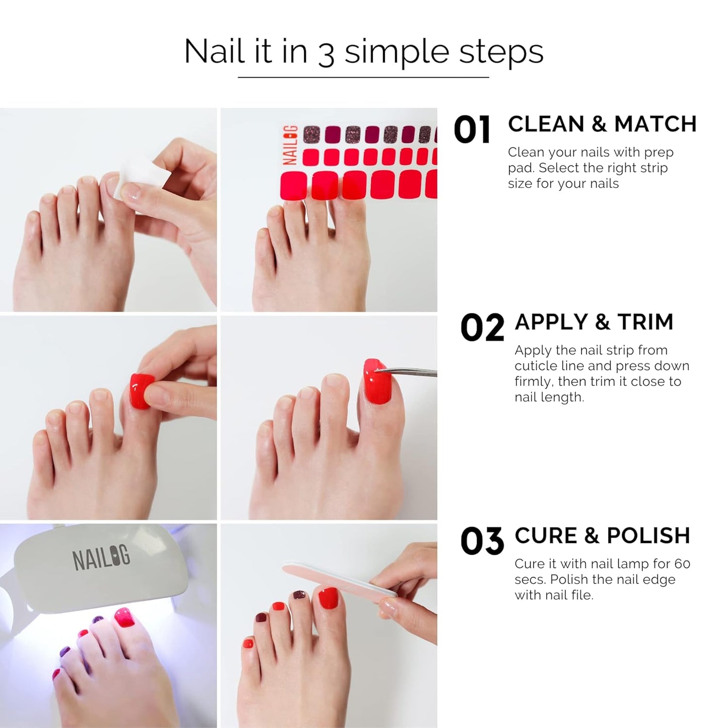 NAILOG Semi Cured Gel Nail Strips, Toe Nail Polish Strips with Glossy Gel Finishing | Buy 3 Get 1 UV Lamp| 32 Pieces Long Lasting Pedi Stickers | Red