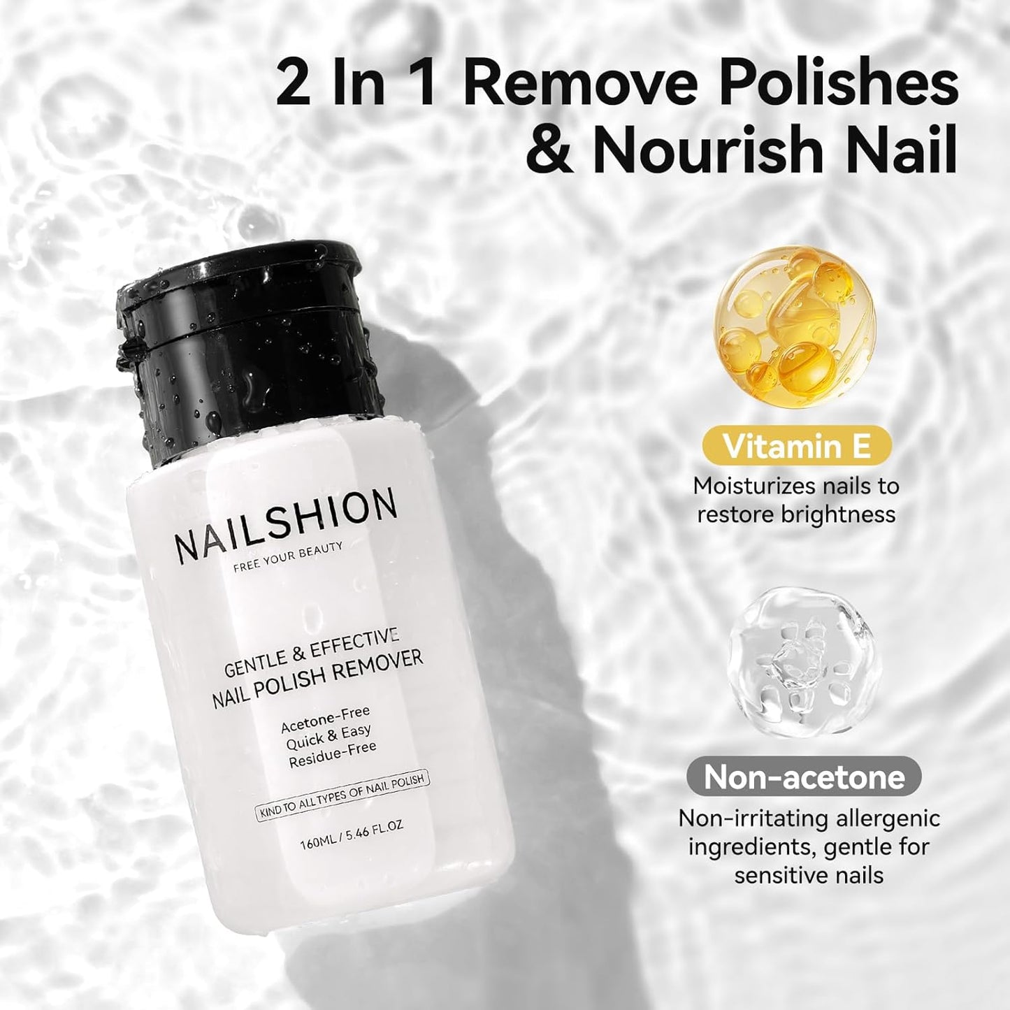 Nail Polish Remover Non-acetone, 5-10s Fast Remover for Regular Nail Polishes, Reusable Push-Down Pump Dispenser, No Toxic Gentle Removal, Rich in VE Non-Drying, 5.46 fl. oz