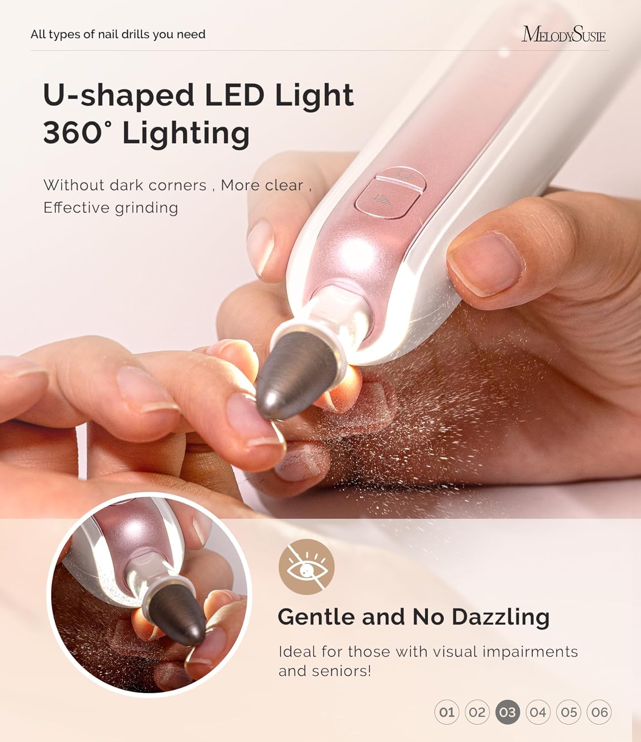 MelodySusie Professional Manicure Pedicure Kit,8-in-1 Electric Nail Drill Set with 5 Speeds,Rechargeable Cordless E-File with 360° LED Light,Perfect Hand Foot Care Trimmer Polish Tools - PC760G