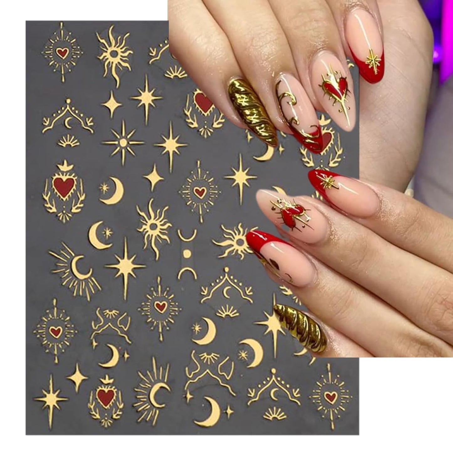 Gold Heart Nail Art Stickers - Valentines Day Star Self-Adhesive 3D Nail Decals for DIY Golden Manicure (6 Sheets)