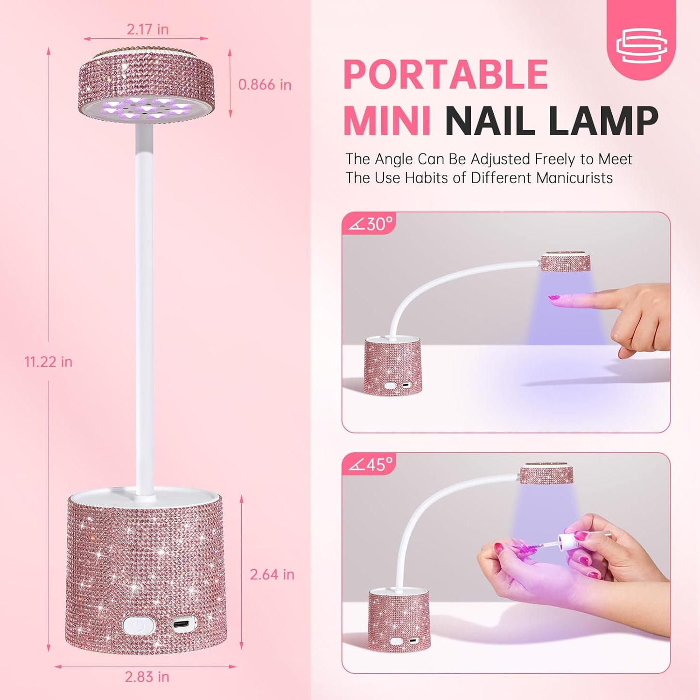 UV LED Nail Lamp, Mini UV Light for Gel Nails Polish, Rechargeable LED Flash Cure Nail Dryer, Quick Drying Goosenecks UV Nail Lamp for Home Nail Salon DIY Manicure, Pink Diamond