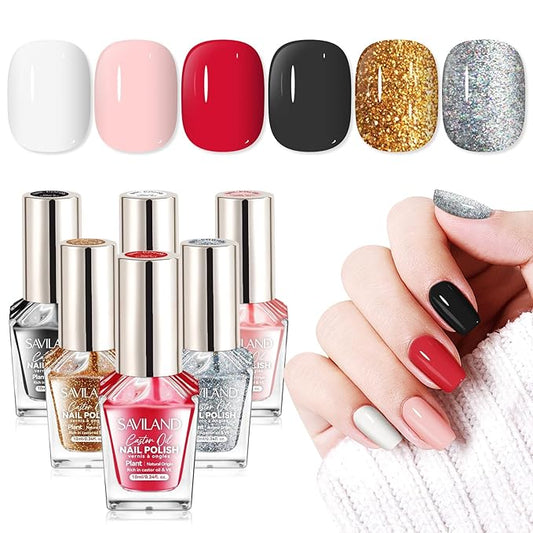 SAVILAND Finger Nail Polish Set: 6pcs Classic Quick Dry Nail Polish Kit Color Locked X Tech White Black Red Pink Brown Bulk Toenail Polish Castor Oil Nail Lacquer Salon Tech Manicure Pedicure Home