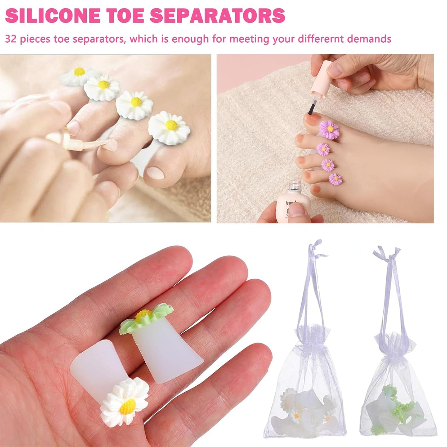 32 Pieces Toe Separators Silicone Flower Toe Separators for Pedicure Colorful Toe Stretcher Nail Polish Art Tools Pedicure Spacers Tools for Nail Salon Toes Dividers (B)