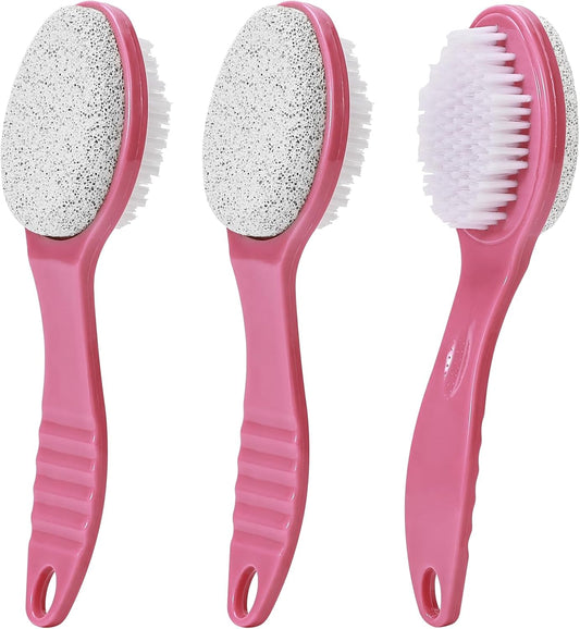 Foot Callus Remover, Double-Sided Pumice Stone Brush for Feet, 3 Pack Foot File Scrubber for Home Feet Care, Multi Purpose Pedicure Tools with Handle for Dead Skin Remover, Rose Pink