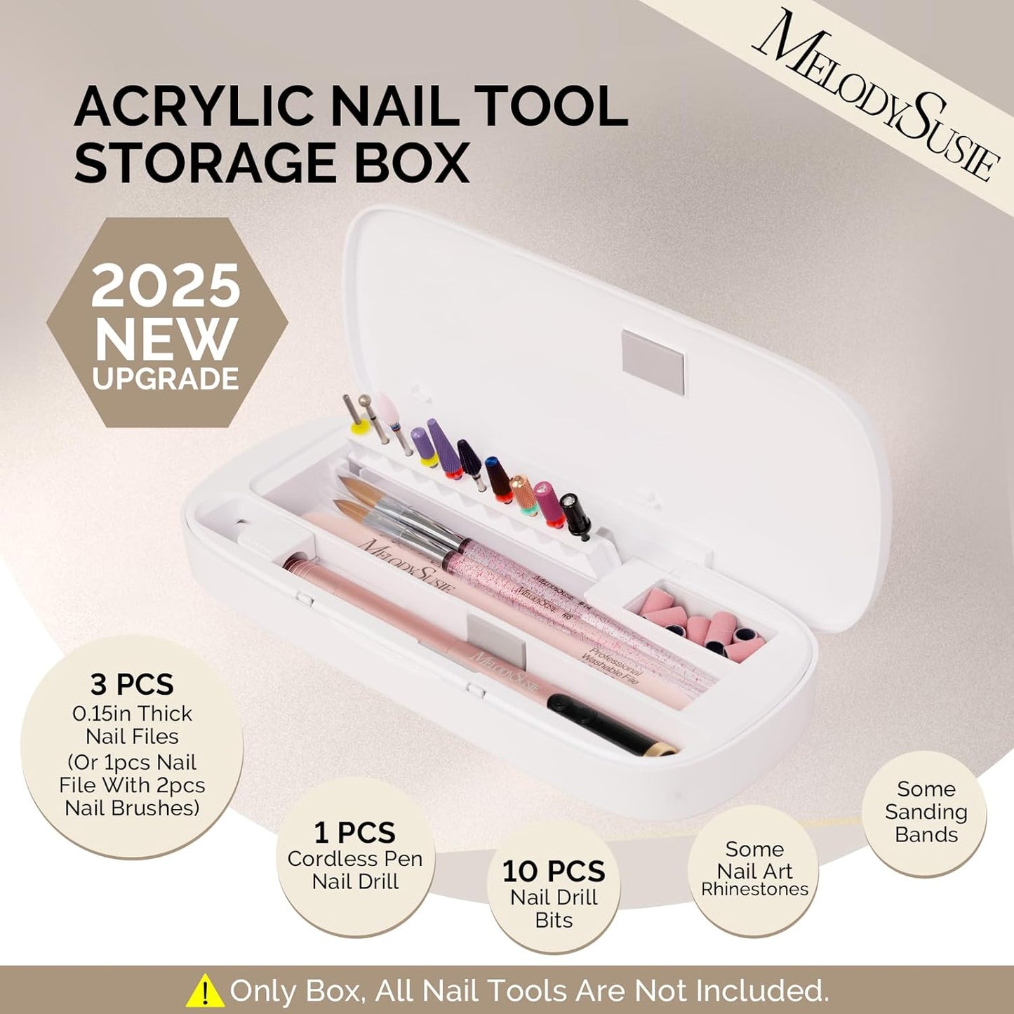 [2025 Upgraded]MelodySusie Acrylic Nail Tool Storage Box,Portable Dustproof Stand Displayer Holder Organizer Container Manicure Efile Accessories Nail Drill Kit Case,Travel Salon Home,White(Only Box)
