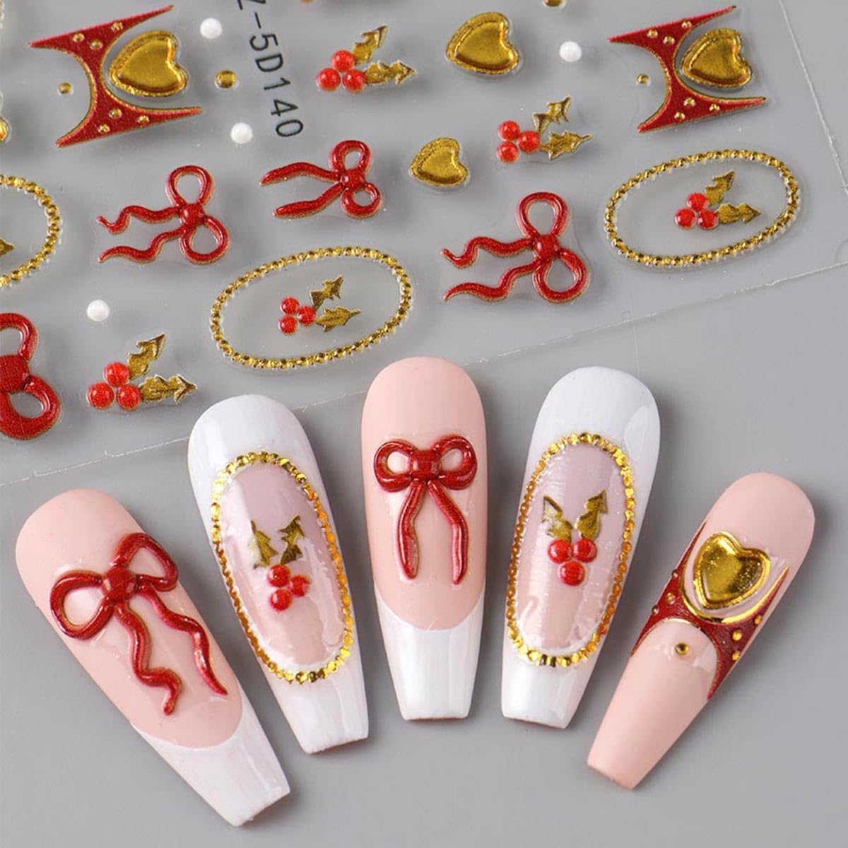 Christmas Nail Art Stickers Decals 5D Embossed Bow Nail Stickers 2PCS Red Gold Bow Heart Gold Circle Cherry Xmas Nails Design Self-Adhesive Nail Decals Manicure Supply for Women DIY Nail Art