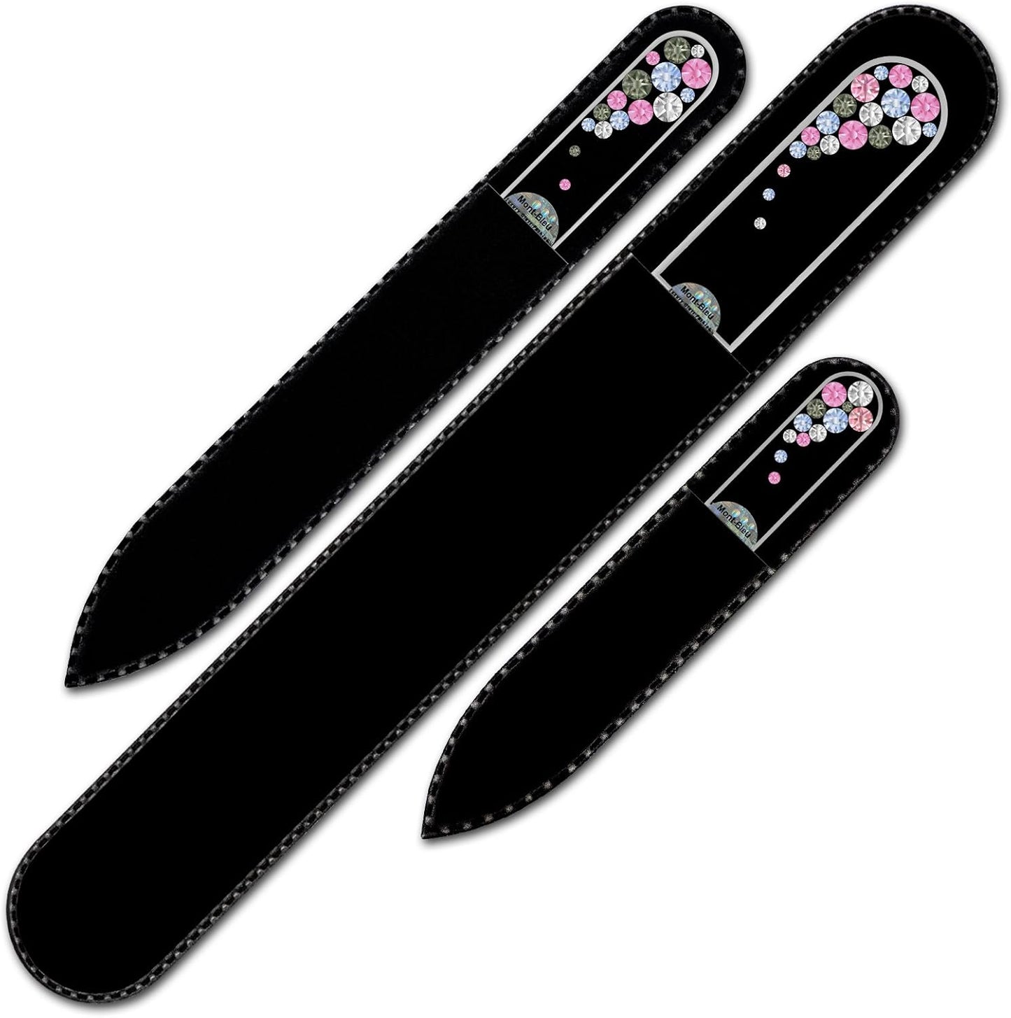 Mont Bleu Set of 3 Glass Nail Files Hand Decorated with crystals - in Black Velvet Sleeve - Genuine Czech Tempered Glass - Handmade Crystal Nail Files