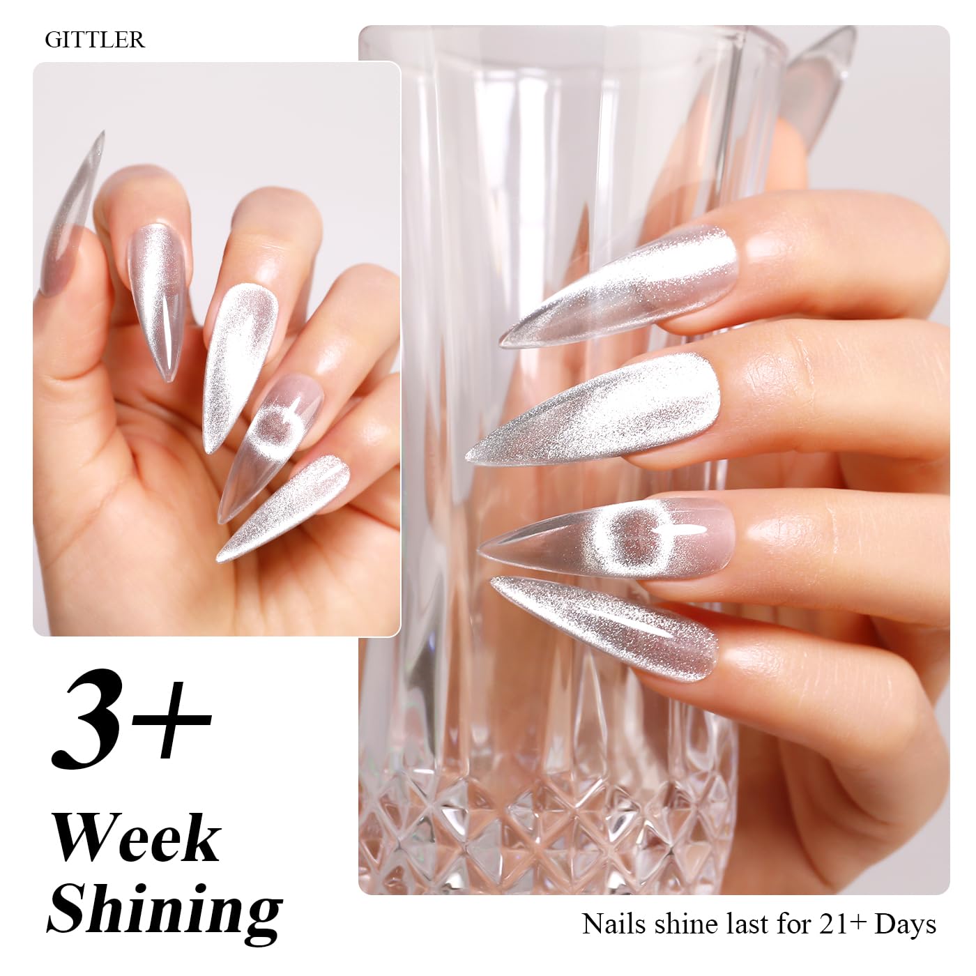 Imtiti Silver Cat Eye Gel Nail Polish, 15ML Silver Holographic Glitter Cat Eye Gel Polish with Magnet UV LED Magnetic Gel Nail Polish Clear Galaxy Sparkly Home DIY Manicure Nail Kit