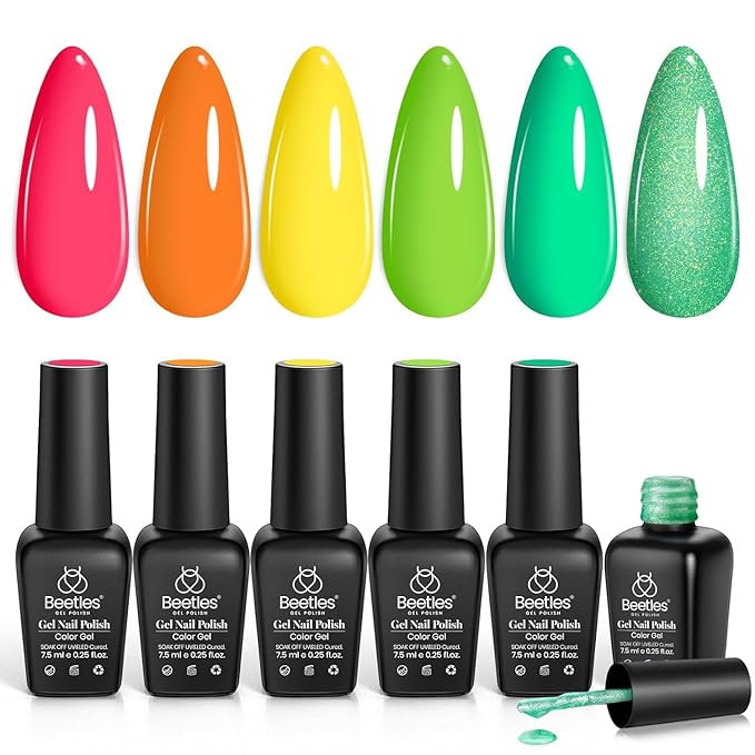 Beetles Halloween Gel Nail Polish Set 6 Colors Neon Hot Pink Coral Orange Yellow Green Glitter Green Gel Nail Polish Kit Soak Off Uv Manicure Gifts for Women Joyful Future