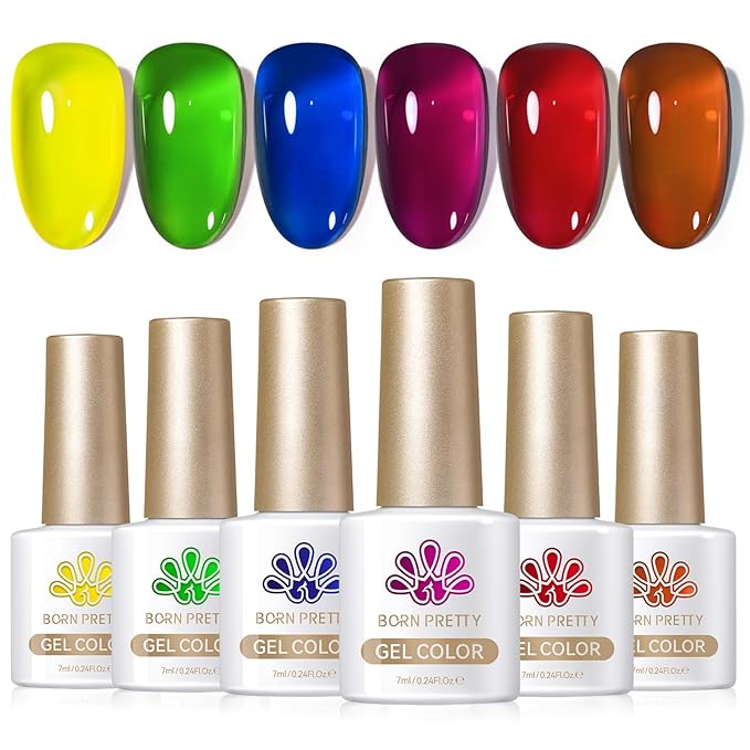 Born Pretty Jelly Gel Nail Polish Halloween Neon Gel Polish,Brown Blood Wine Red Blue Purple Green Translucent Effect,Soak Off U v LED Light Cure Nail Art Kit for Salon Manicure and DIY at Home
