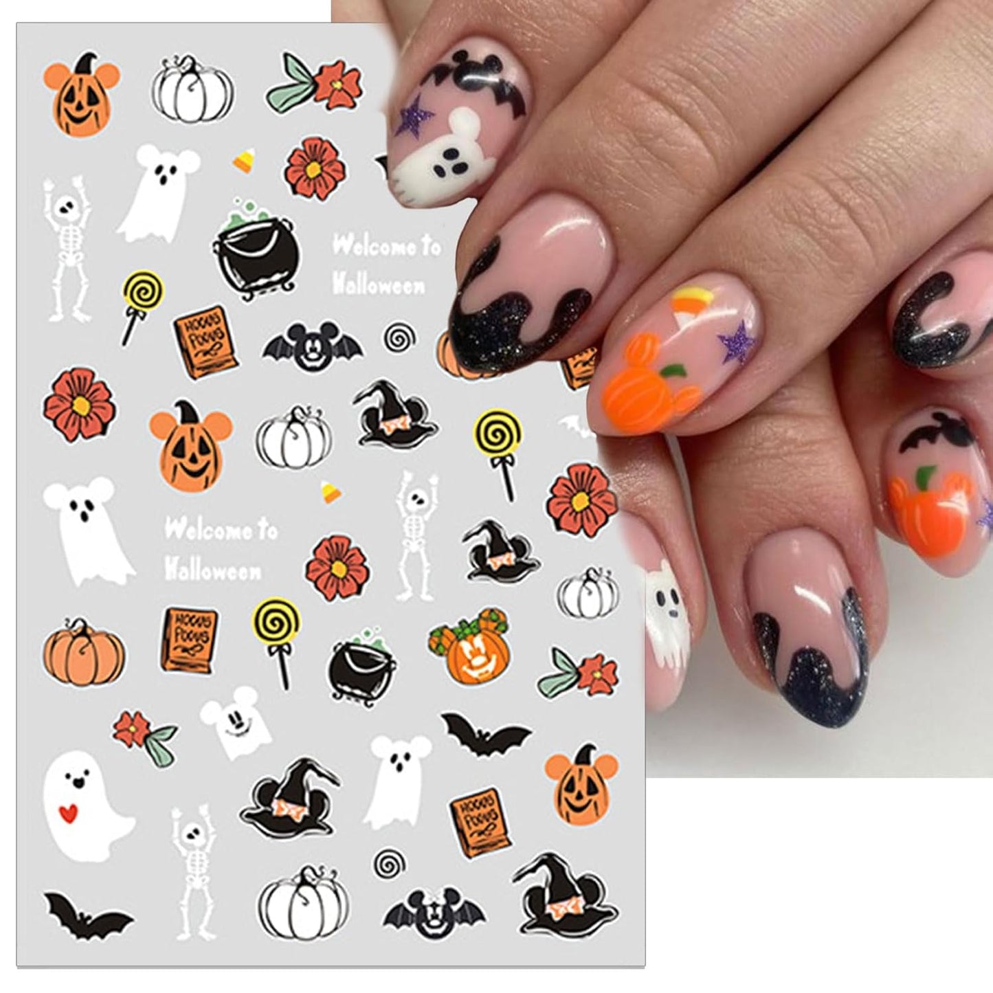 Halloween Nail Art Stickers, Pink Pumpkin Nail Decals, 3D Self-Adhesive Spider-Web Bat Design for DIY Nail Supplies Decoration (4 Sheets)