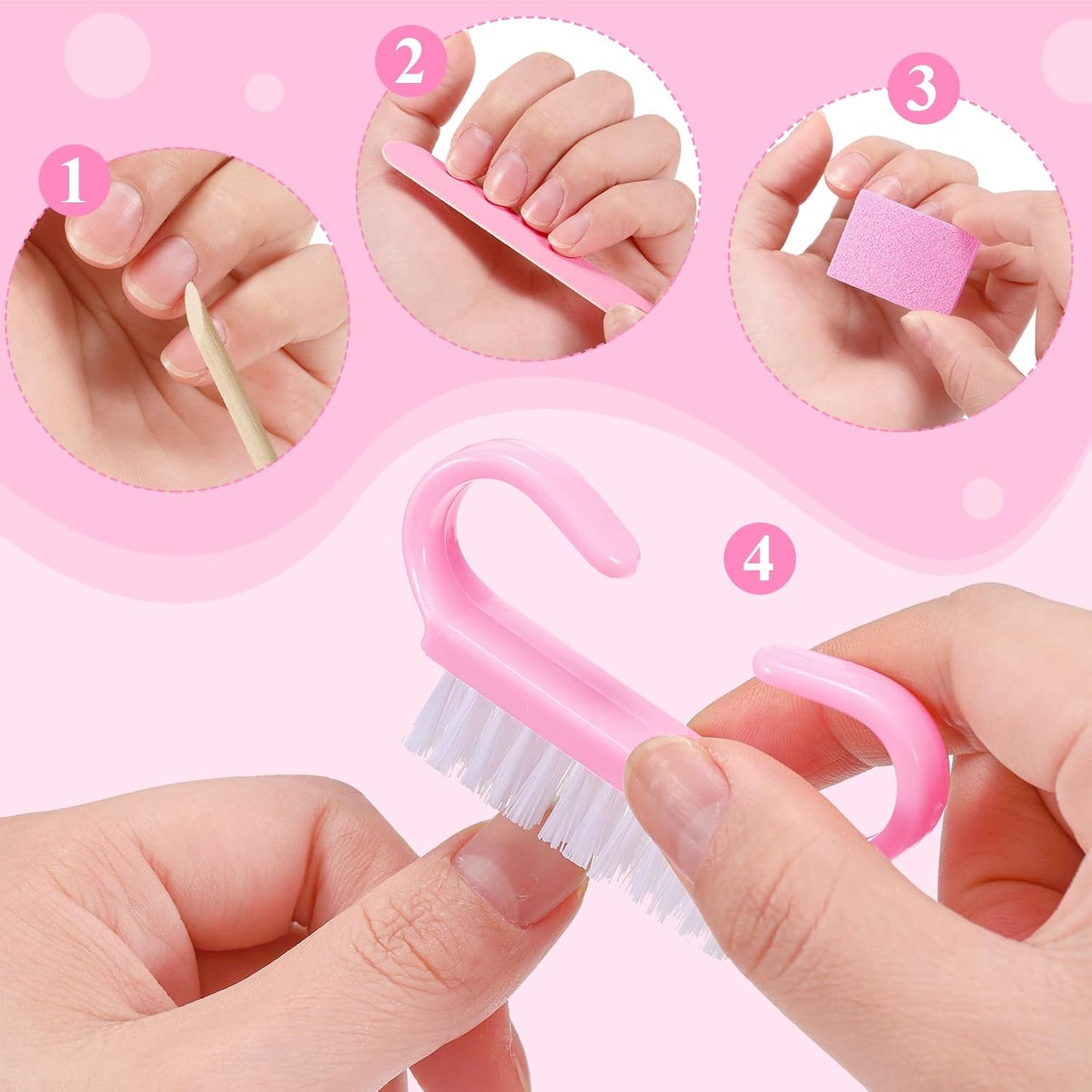 100 Sets Professional Disposable Manicure Kit Basics 4 Piece Nail Kit Wood Nail File 100/180 Grit, Mini Buffer 80/100 Grit, Wood Stick and Handle Grip Brush Gifts(Pink)