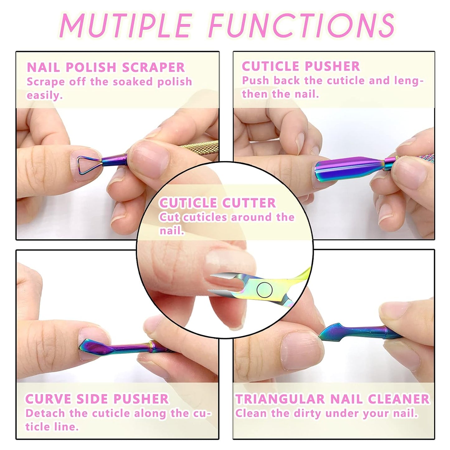 Cuticle Trimmer with Cuticle Pusher and Scissors, Cuticle Remover Professional Durable Pedicure Manicure Tools, Stainless Steel Cuticle Nipper Cutter Clipper for Fingernails and Toenails (Colored)