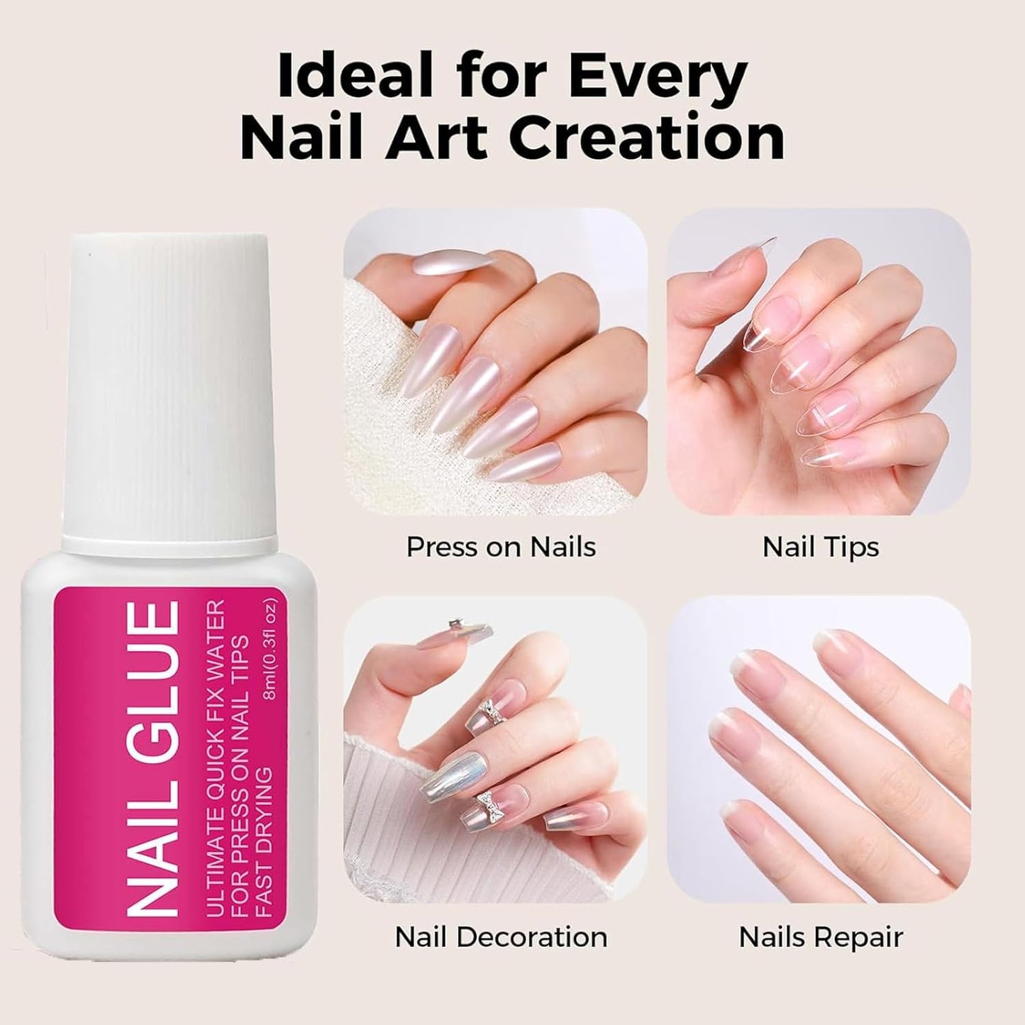 24ML Super Strong Nail Glue for Press Ons, Fake Nail Tips, Acrylic Nails No Uv Light Needed Nail Bond Brush in Nail Glue for Press On Nails False Nails Tips Long Lasting for Beginners DIY Home
