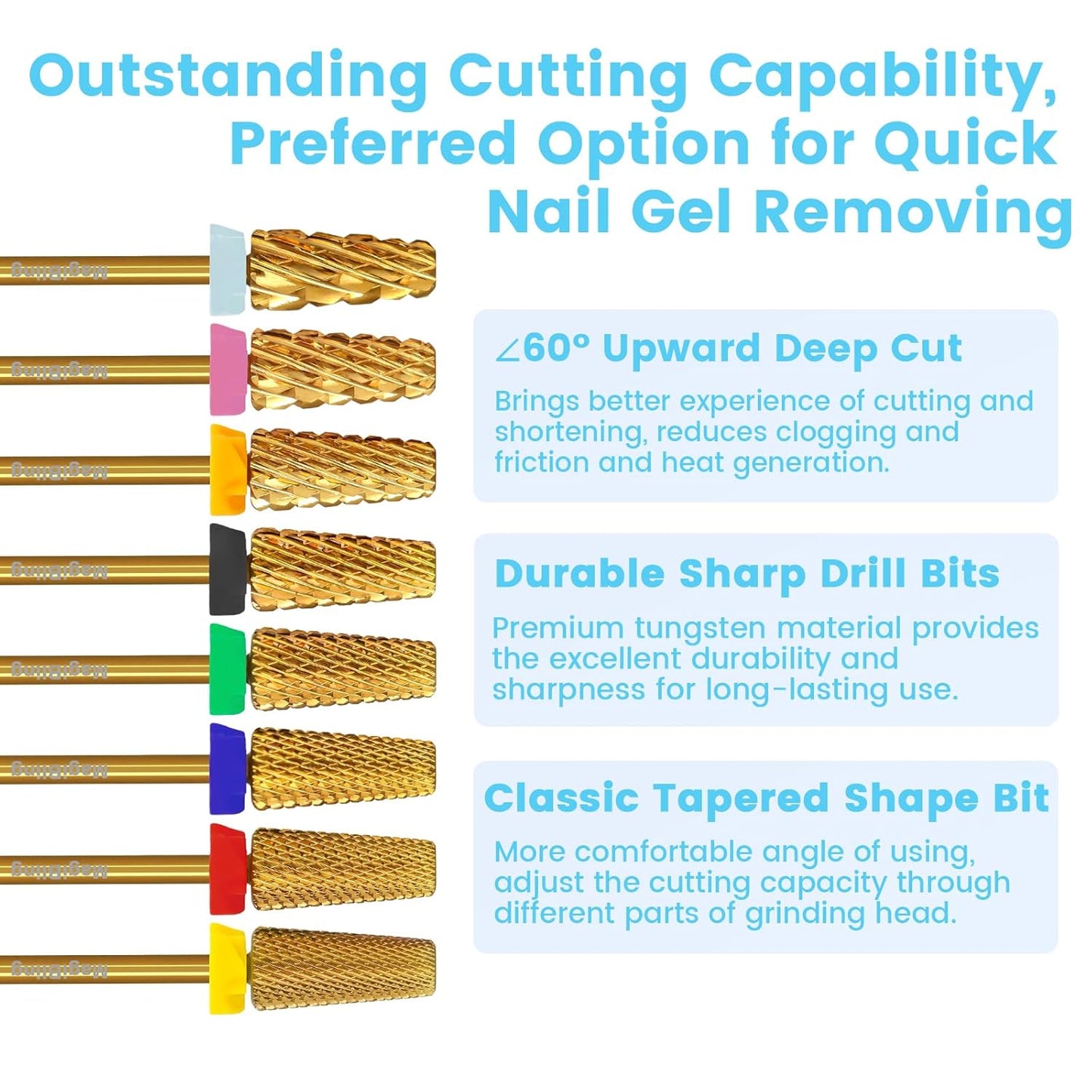 Super Cut Tapered Barrel Nail Drill Bits, 3/32'' Professional Tungsten Carbide Bits, Remove Hard Gel Fast, Right Hand, Suitable for Long Acrylic Nails Gel Polishing, Medium.