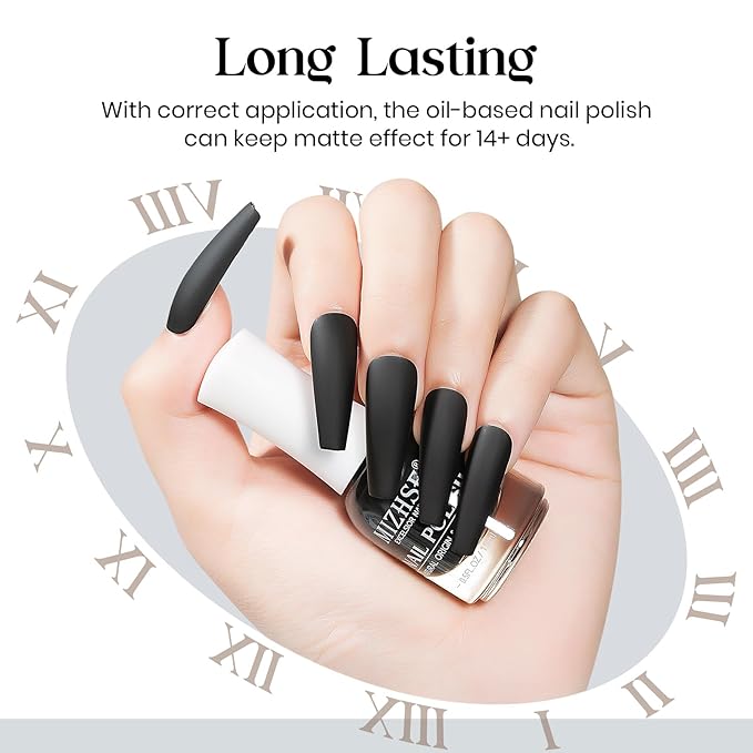 MIZHSE Matte Black Nail Polish, Quick Dry Velvet Black Nail Polish, Non-Gel Air Drying Fast 15 ml Regular Glossy Shiny Finish Nail Lacquer, Full Coverage Nail Art Manicure DIY Home