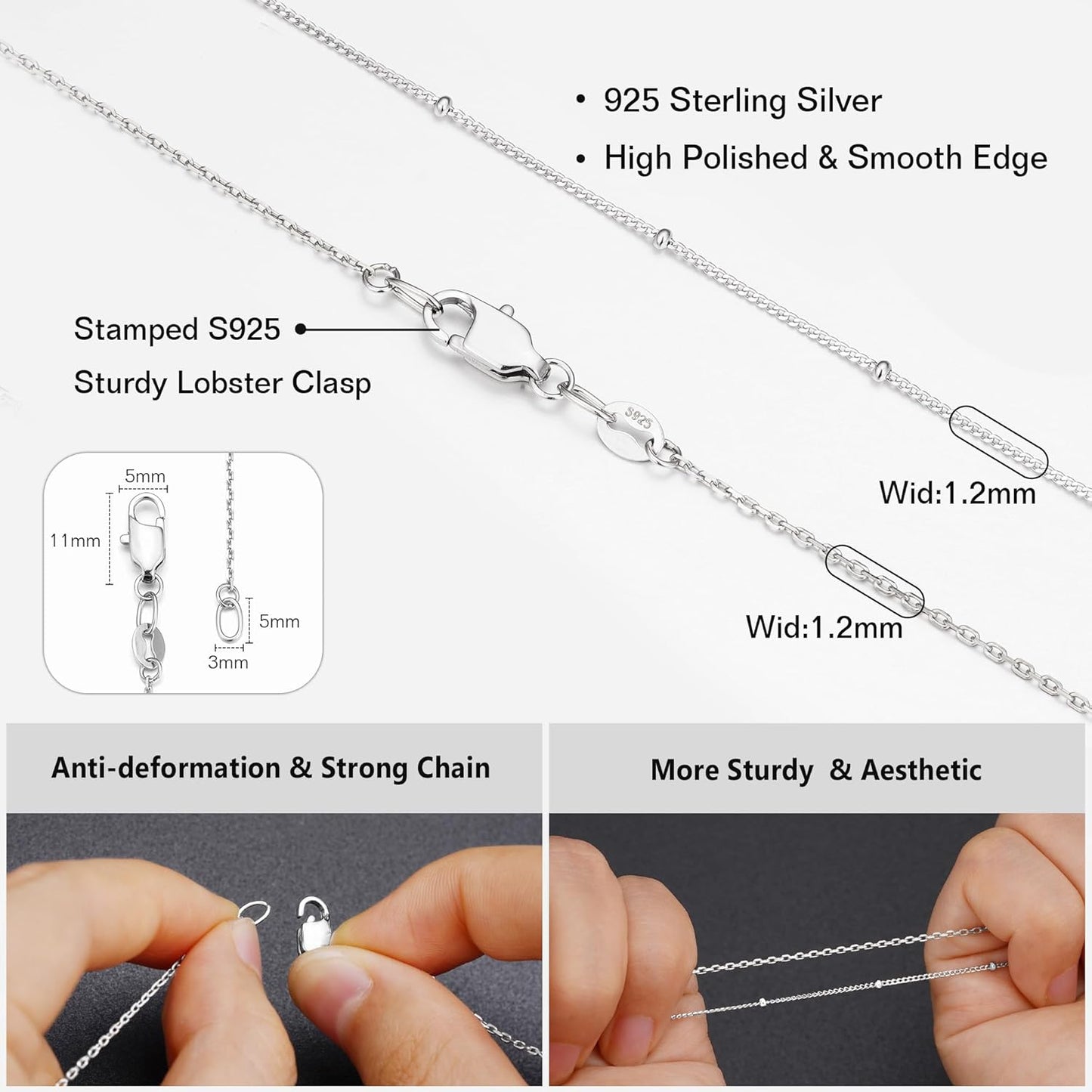 IIEFWELL S925 Sterling Silver Chain Necklace for Women - 1.2/0.8mm Satellite Bead Cable Box Chains Necklace Set, Hypoallergenic Sturdy Women's Chain Necklaces, 16/18/20/22 Inches Jewelry Gifts