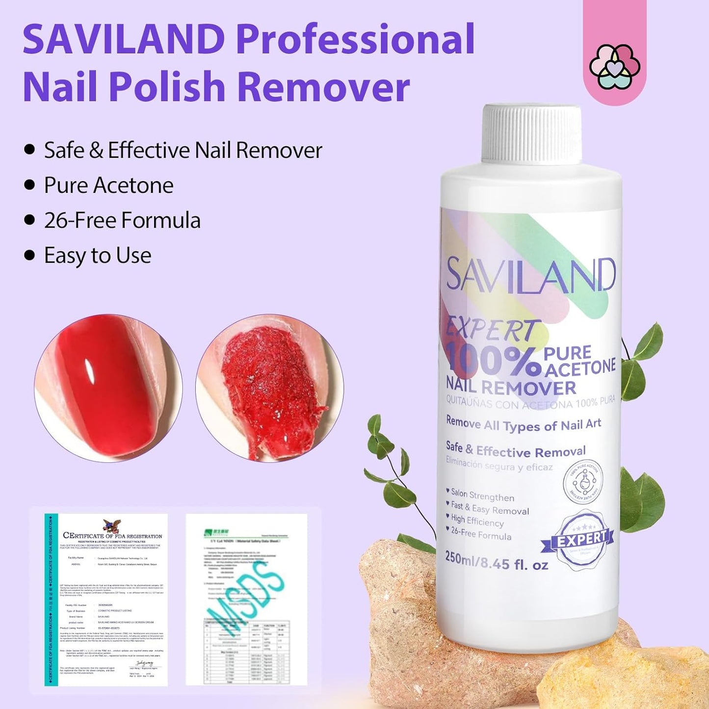 SAVILAND Pure Acetone Nail Polish Remover Kit: Gel Polish Remover with Professional Nail Polish Removal Tools Safe Gel Remover for Nails Fast & Easy Removal with Cuticle Oil Salon Home DIY 250 ML
