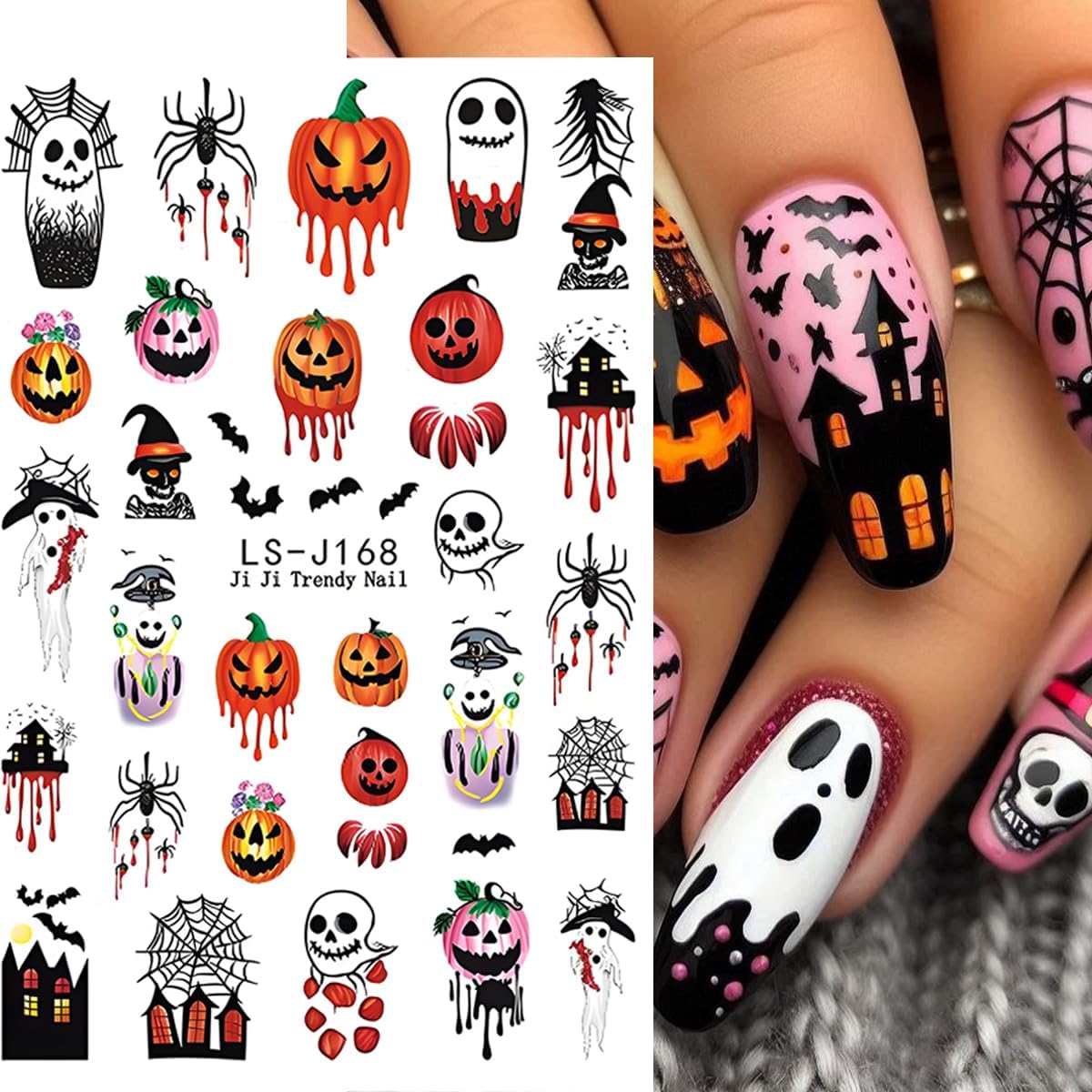 Halloween Nail Art Stickers Decals 3D Pumpkin Ghost Nail Decals 6PCS Skull Ghost Virus Leaf Bat Halloween Nails Design 3D Self-Adhesive Nail Art Supplies Manicure Sticker for Women Holiday Decoration