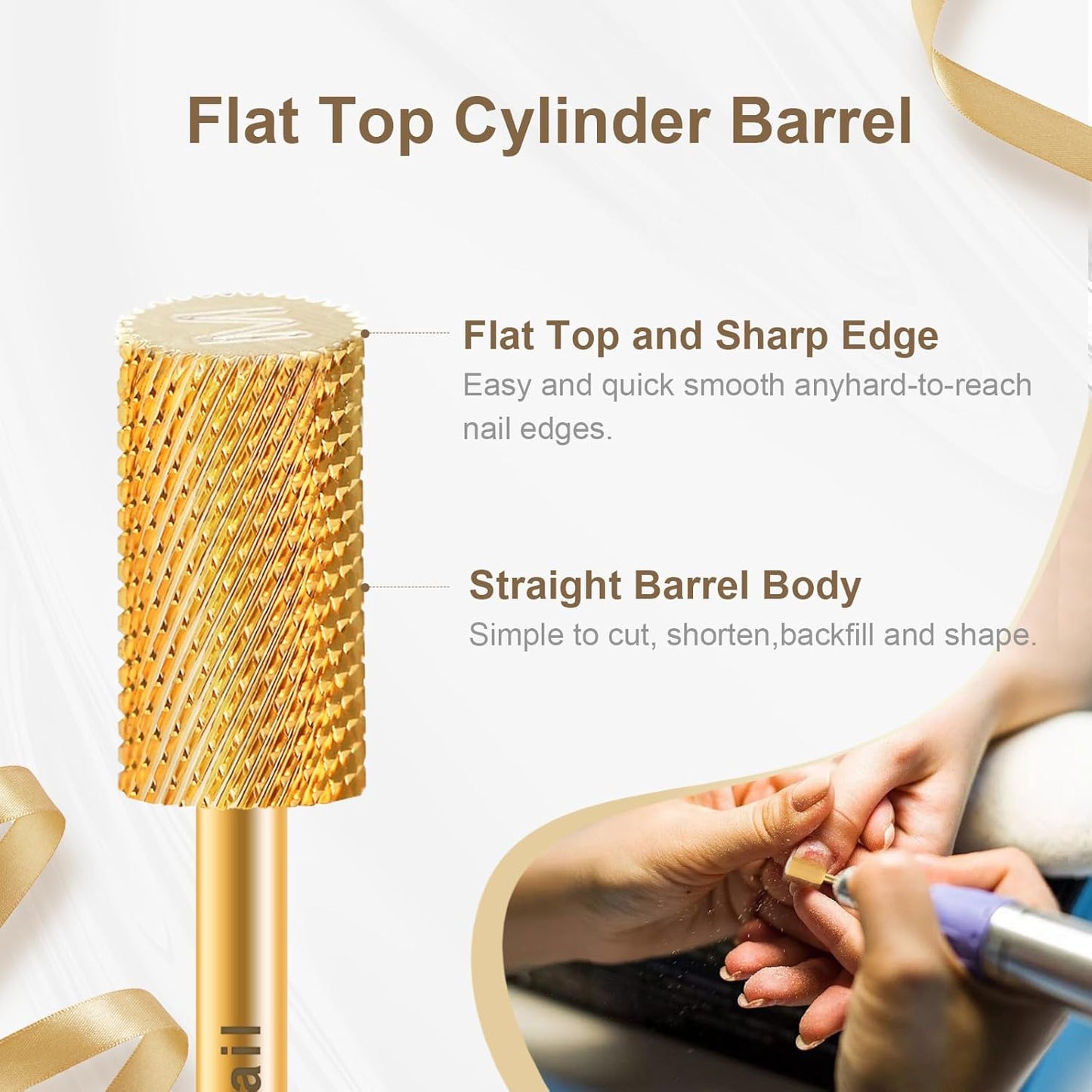3/32" Large Barrel Flat Top Tungsten Carbide Nail Drill Bit Safety Bit for Gel & Acrylic Removal, 2-Way Rotating Efile Tip, Salon Electric File Accessory (M Grit, Gold)