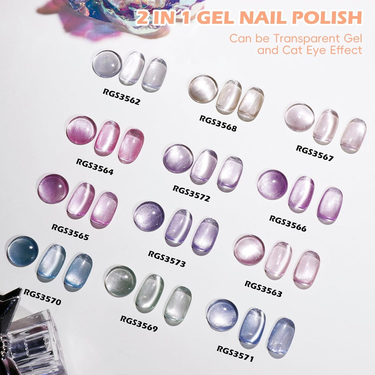 Clara Colors Cat Eye Gel Nail Polish Set, 12 Colors Rainbow Nude Pink Purple Blue Holographic Magnetic Nail Polish with Base Top Coat Magnets Soak Off UV LED Jelly Glitter Ge Polish Kit