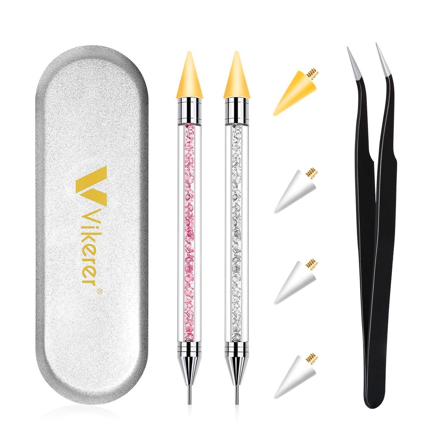 Rhinestone Picker Tool, Dual-ended Rhinestones Applicator Nail Art Design Tool, 2 Pack Acrylic Handle Nail Pen with 4 Extra Wax Tips and1 Tweezer