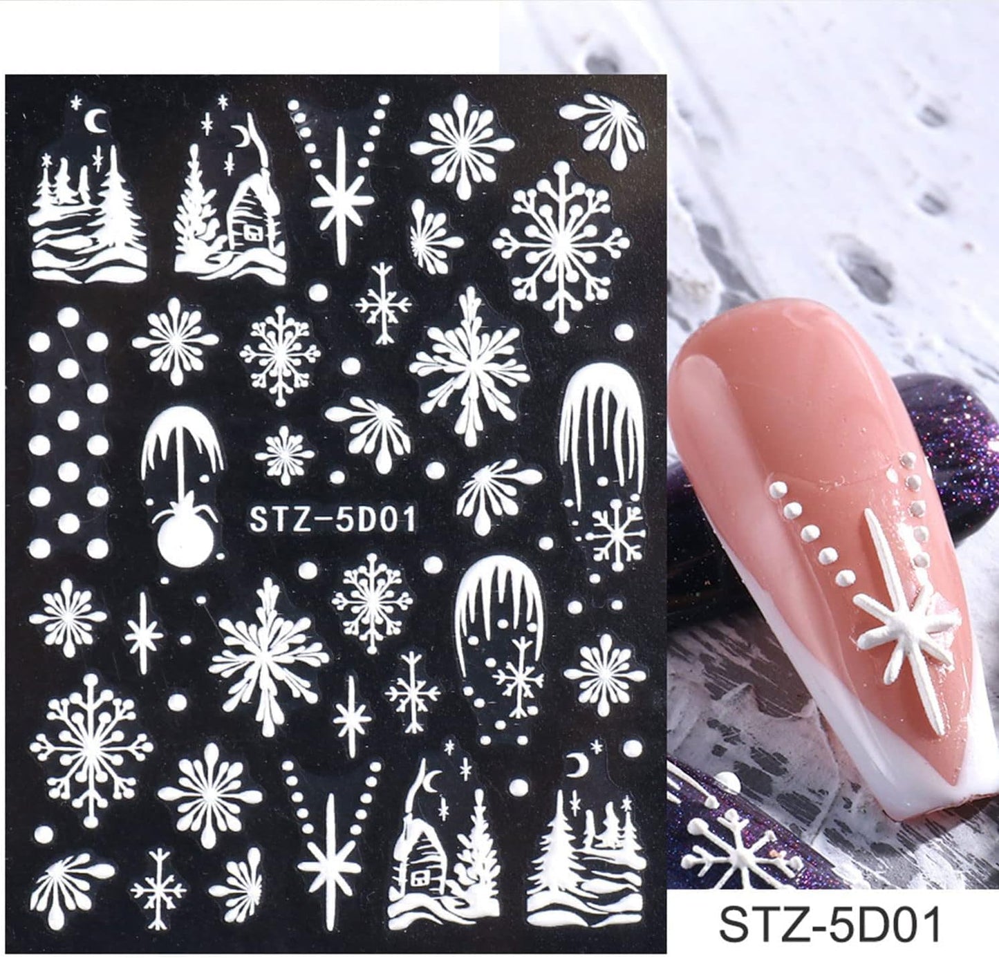 5D Embossed Snowflake Nail Art Stickers Christmas Nail Decal White Flower Lace Nail Decal Snowflake Leaf Nail Sticker Design Self-Adhesive Nail Decoration Supplies for Women DIY Christmas Manicure