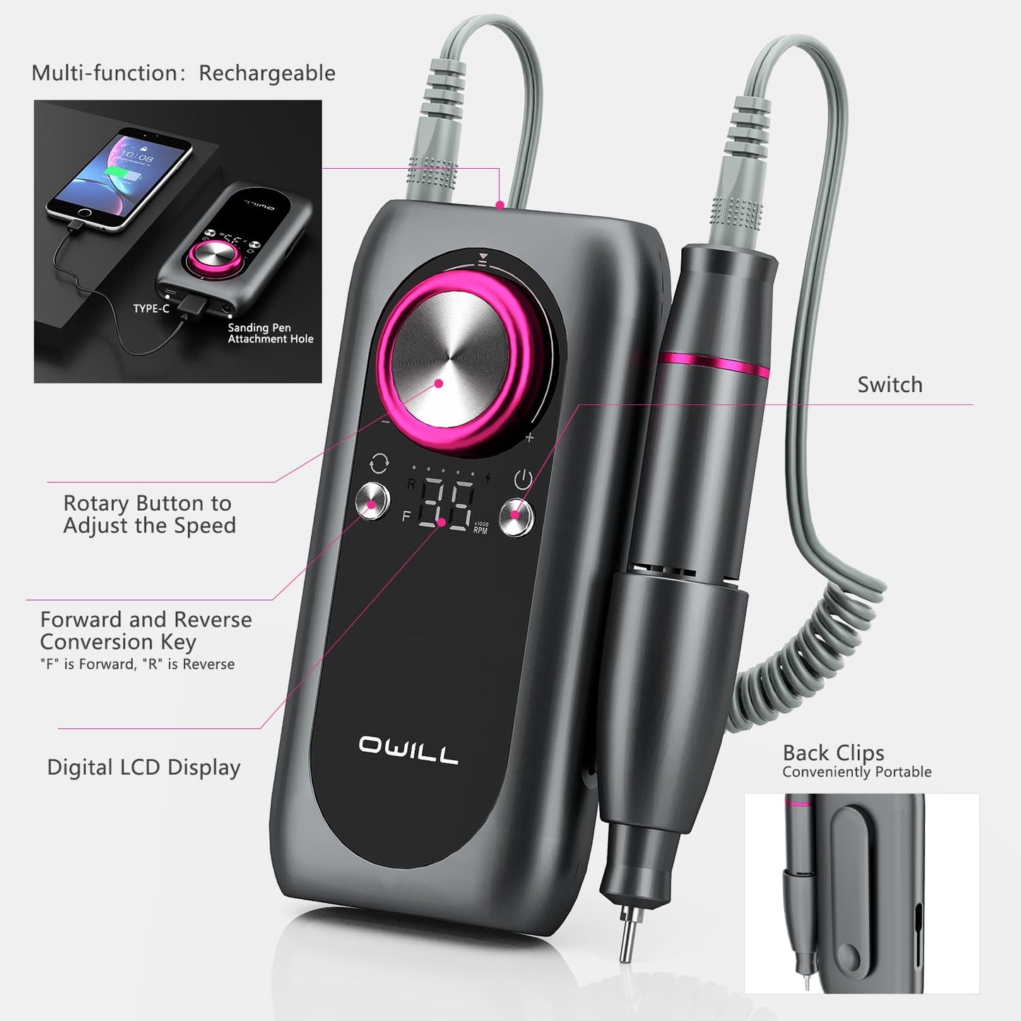 OWill Electric Nail Drill Professional, 35000RPM Rechargeable Machine With LED Display, Portable Electric File for Salon Home Kits, Pink