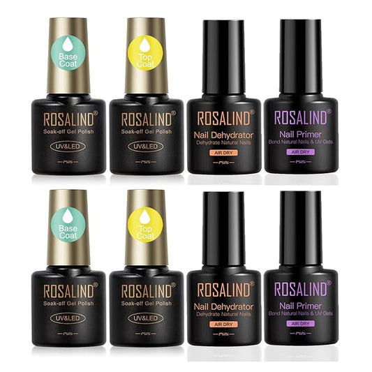 ROSALIND 8 PCS Dehydrator Nail Primer and Top & Base Coats Kit, Nail Strengthening System Superior Protein Bonding, Fast Air Dry for Acrylic Powders Nail Gel Polish